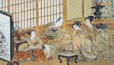 Isoda Koryūsai (礒田湖龍斎 1735-1790) was a Japanese printmaker and painter active from approximately 1764 to 1788.<br/><br/>

The details of his life are under some dispute. He apparently came from a samurai background. One theory stated he became a rōnin and was forced to turn to art, but another says he voluntarily gave up the life of a samurai for art. In 1781 he received the title Hokkyo for his talent and accomplishments. That he was so honored is one of the rare statements that is generally agreed to. There are those who believe he was a pupil of Harunobu, but this is disputed. Although some of his prints survived few of his paintings did.<br/><br/>

That said it is known that he was a prolific artist. His subjects ranged from Confucian virtues, to birds, to herblore, and also included hundreds of erotica prints.